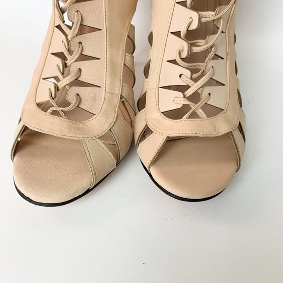 Anthropologie Klub nico cream lace up heels peep toe 9 - Picture 2 of 10